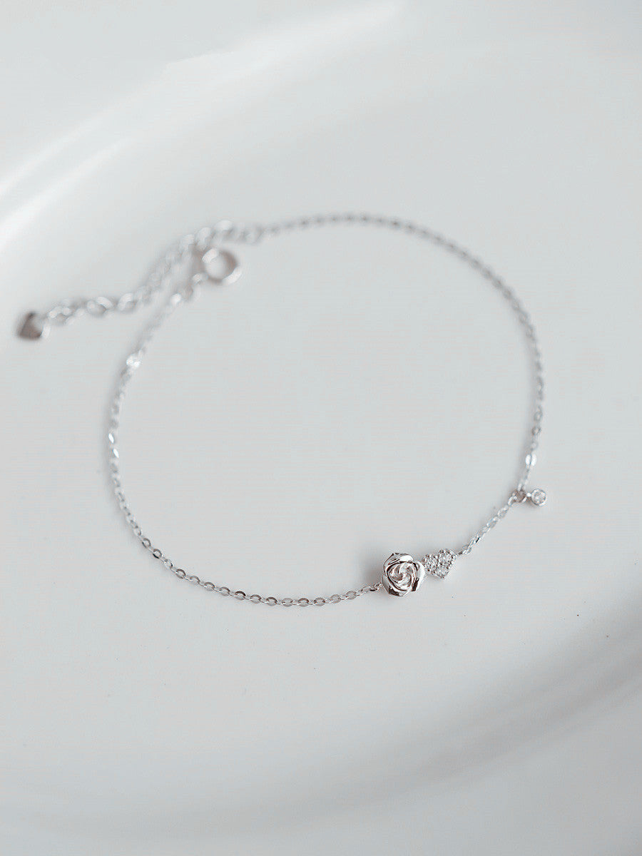 Pulsera Cadena Plata 925 con Dije de Rosa – Oro 14K y Platino