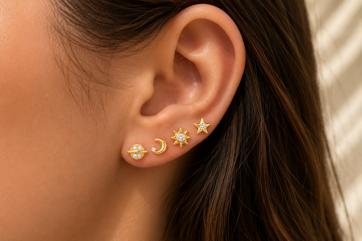 Set de 4 Aros Plata 925 Estrella y Luna con Circones – Oro