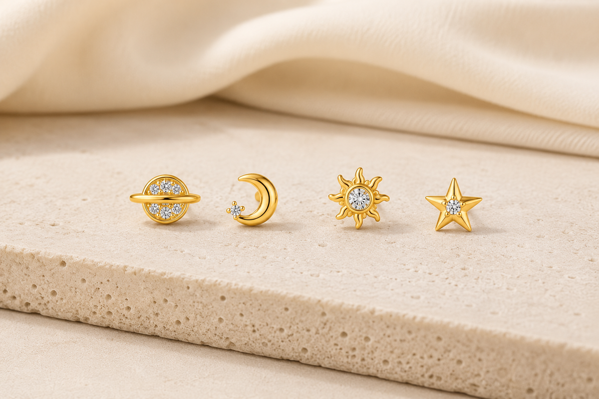 Set de 4 Aros Plata 925 Estrella y Luna con Circones – Oro