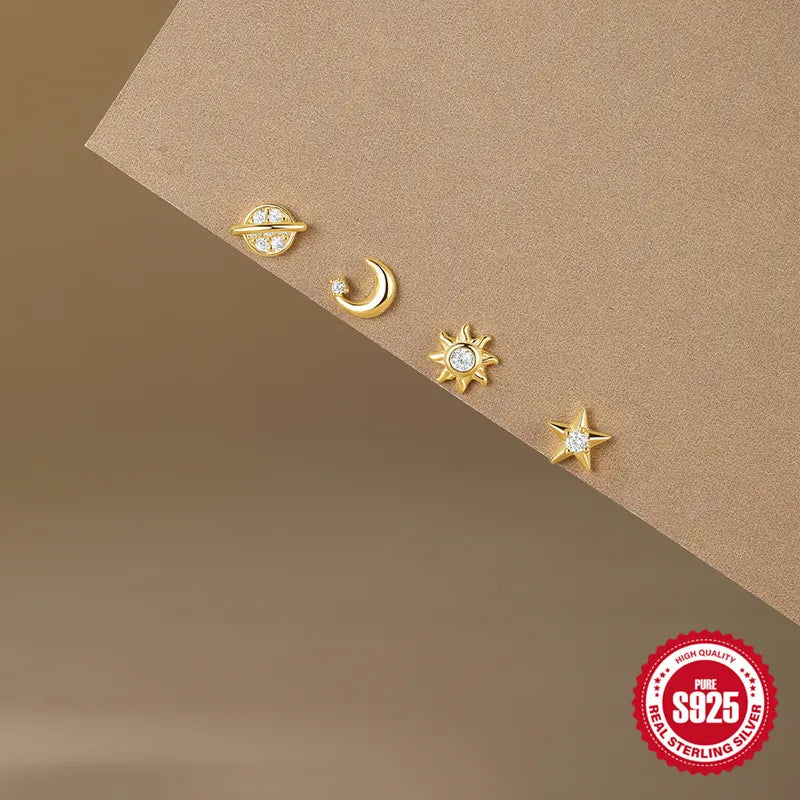 Set de 4 Aros Plata 925 Estrella y Luna con Circones – Oro